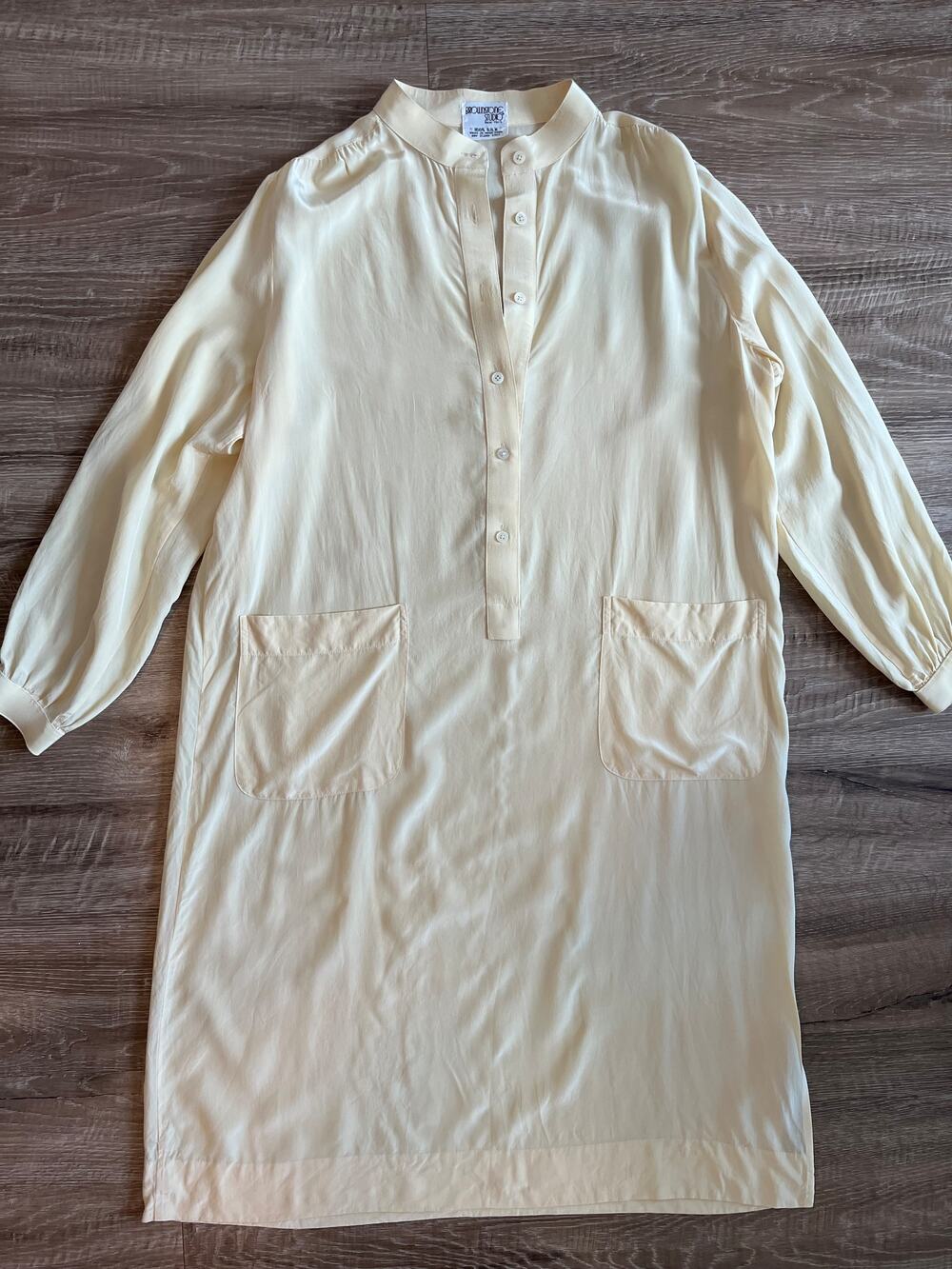 Brownstone Studio New York Vintage 100% Silk Shirt Dress Cream Yellow Mandarin C